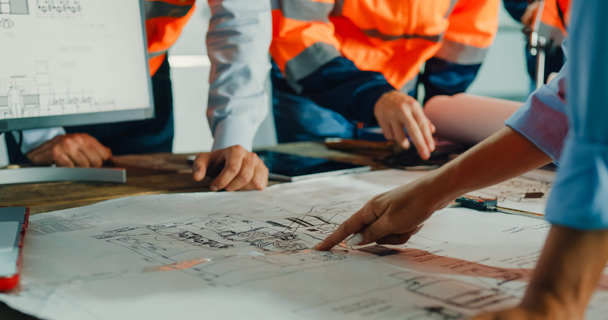 Closeup of team of industrial engineers meeting analyze machinery blueprints consult project on table in manufacturing factory. Working in manufacturing plant or production plant